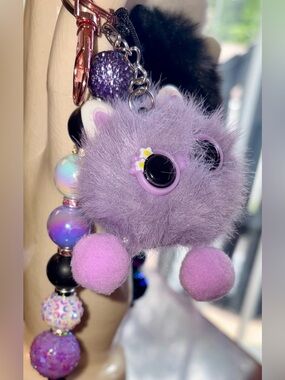 Purple Fluffy cat bag charm with holographic and rhinestone beaded bag charm